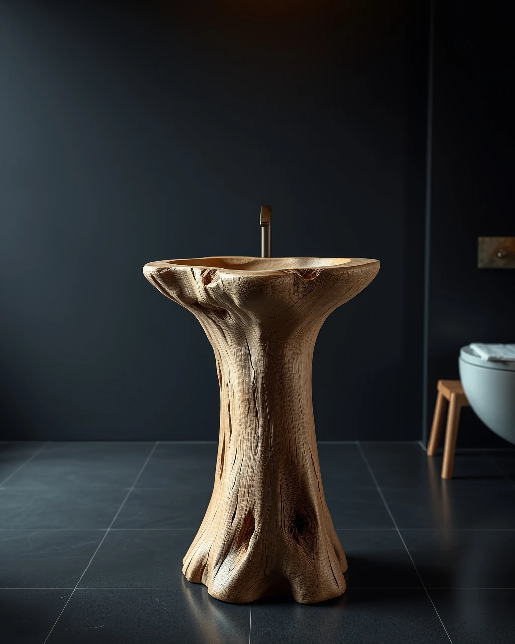 Pedestal sink carved from root trunk